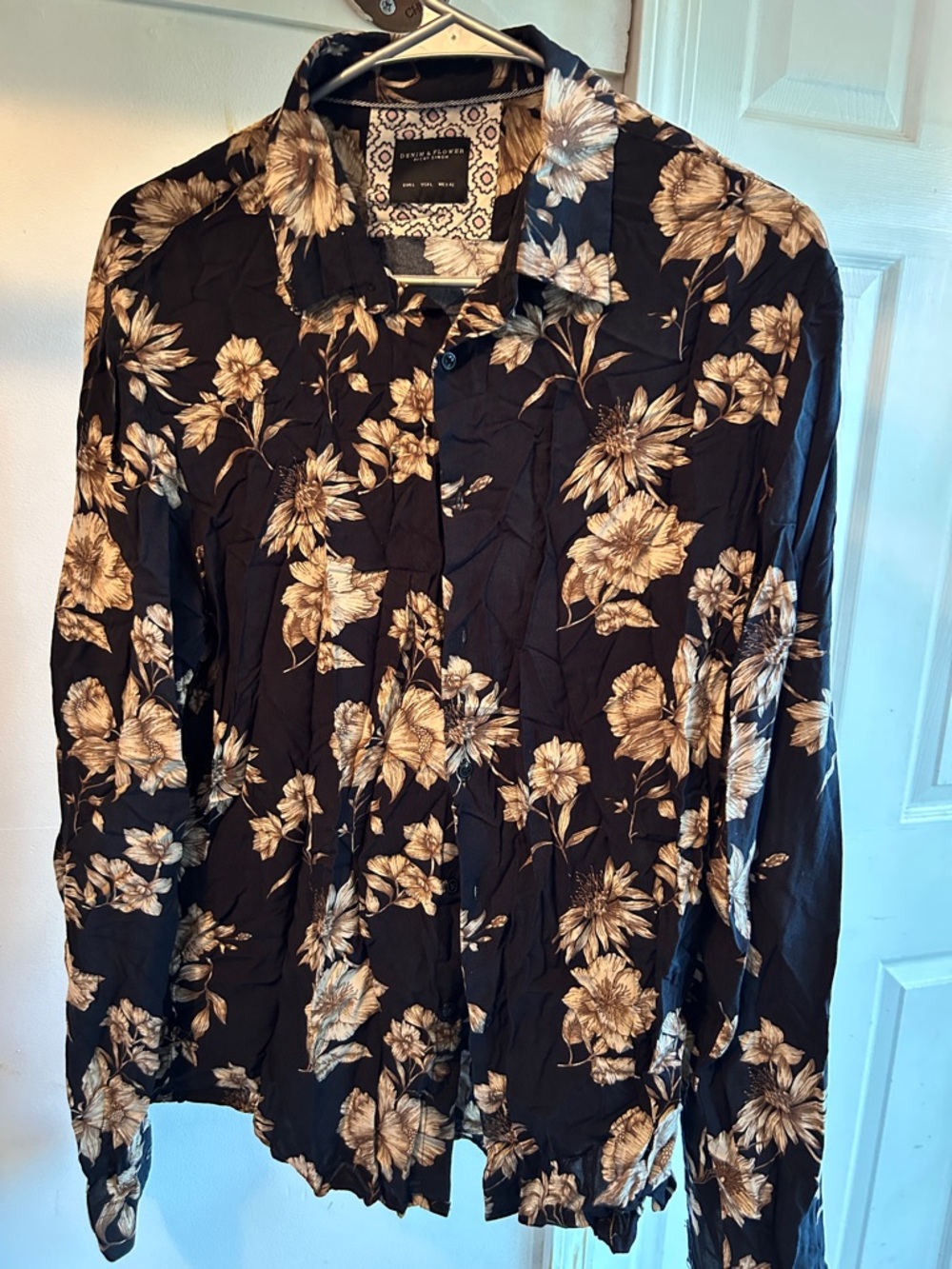 Black Floral Button-Front Shirt with Cream Blooms